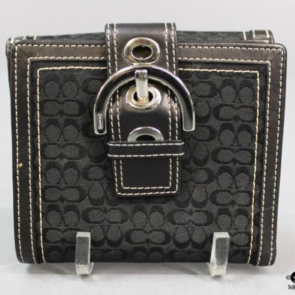 Coach Wallet Black Gray Signature C Foldout trifold Wallet Buckle 5" w 4" h - Picture 1 of 3